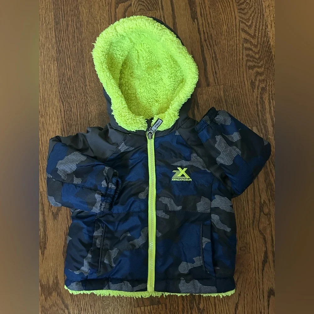 ZeroXposur Boys Blue Camo Neon Sherpa Hooded Puffer Winter Coat 12M